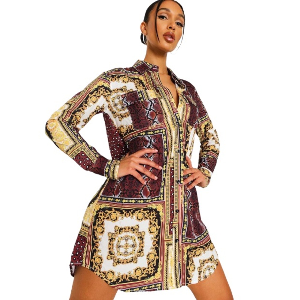 Boohoo Mixed Print Snake Animal Damask Print Shirt Dress Size 8 White Brown